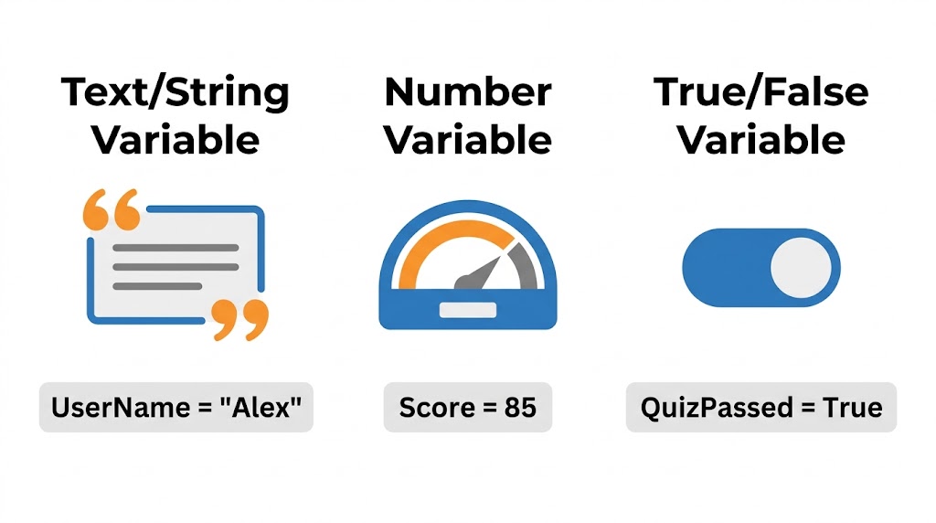 Flat vector diagram of three variable types side by side. Left: Text/String Variable, a speech-box icon framed by orange quotation marks, labelled UserName = "Alex". Centre: Number Variable, a blue and orange speedometer gauge, labelled Score = 85. Right: True/False Variable, a blue toggle switch in the on position, labelled QuizPassed = True.